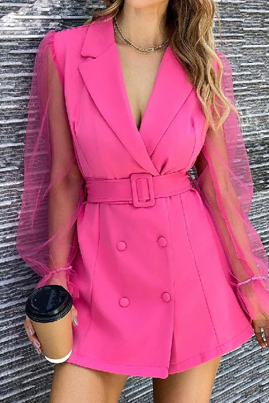 TastyHottie - Mesh Sleeves Double-breasted Belted Blazer Dress