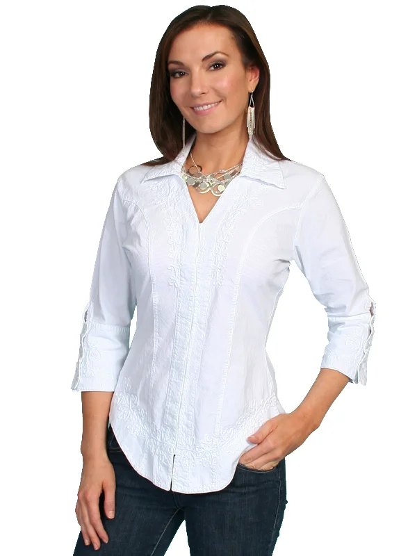 Scully Cantina Collection Blouse White 100% Cotton Floral 3/4 Sleeve Rugged Women's Outdoor 