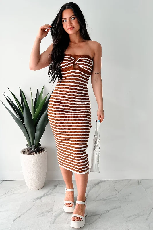 Taking A Moment For Me Ribbed Sweater Knit Midi Dress (Camel/White) Sporty Women's Athleisure 