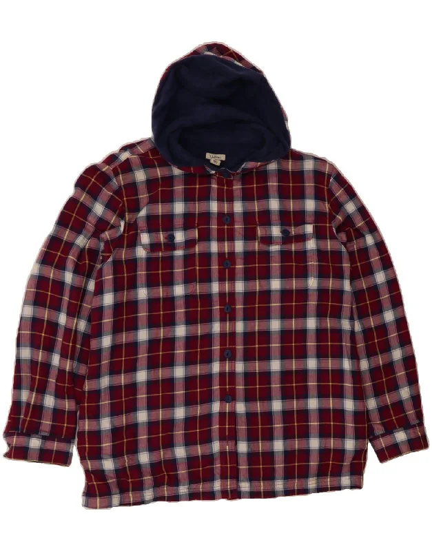 L.L.BEAN Womens Loose Fit Hooded Bomber Jacket UK 16 Large Burgundy Check Vacation