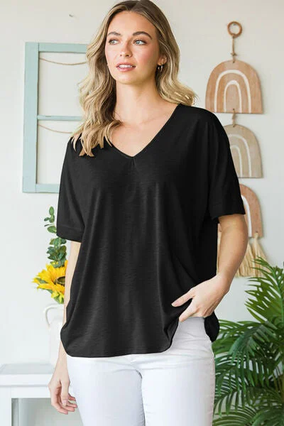 Heimish Full Size V-Neck Short Sleeve T-Shirt Classic Women's Tweed