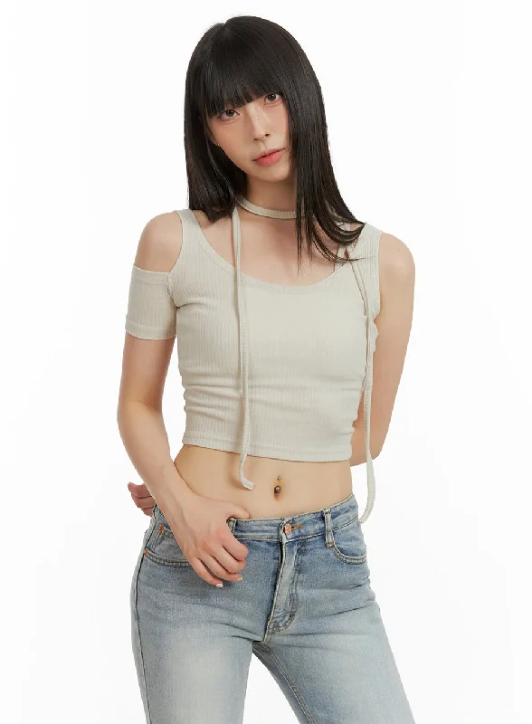 Unbalanced Cut Out Crop Top CU425 Practical Women's Multi - 