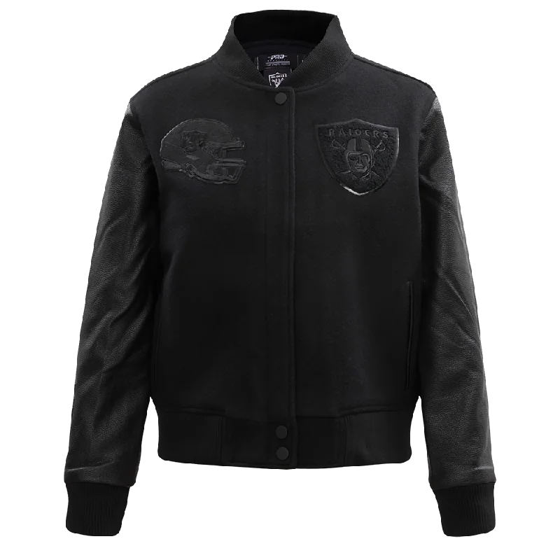 NFL LAS VEGAS RAIDERS TRIPLE BLACK WOOL WOMEN'S VARSITY JACKET (TRIPLE BLACK) Geometric NFL LAS VEGAS RAIDERS TRIPLE BLACK WOOL WOMEN'S VARSITY JACKET (TRIPLE BLACK) Geometric
