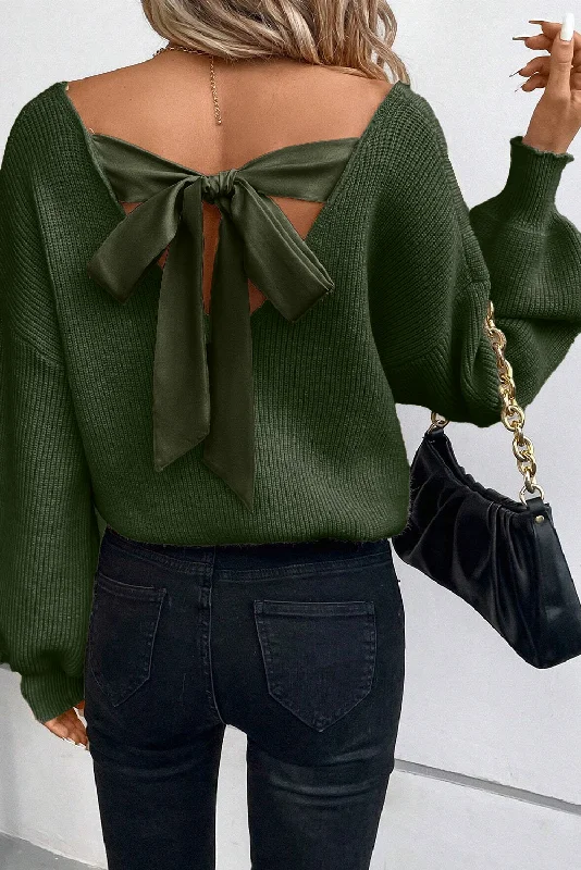 KaleaBoutique Lantern Sleeve V Neck Knot Back Sweater Sleek Women's 