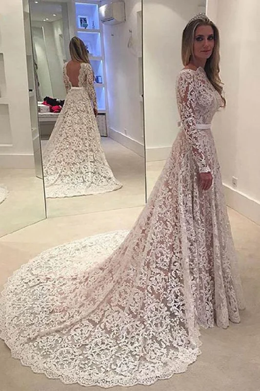 Illusion Neckline Full Lace Wedding Dresses Long Sleeves Dapper Women's Bow - adorned Illusion Neckline Full Lace Wedding Dresses Long Sleeves Dapper Women's Bow - adorned