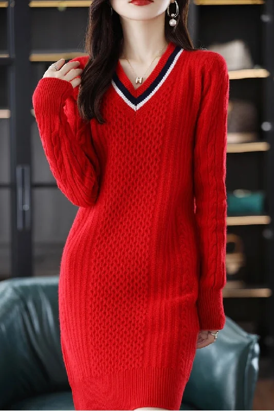 V Neck Knit Mini Dress