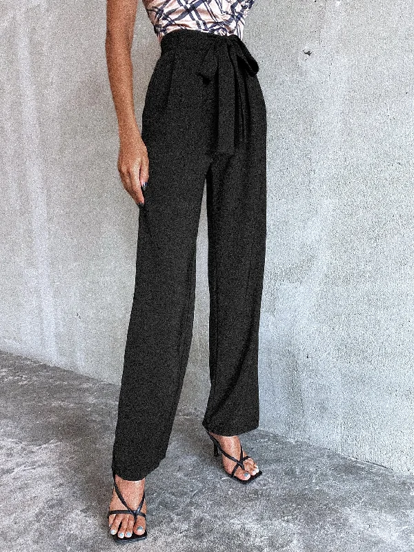 Casual Plain Tie Front High Waist Long Women Pants