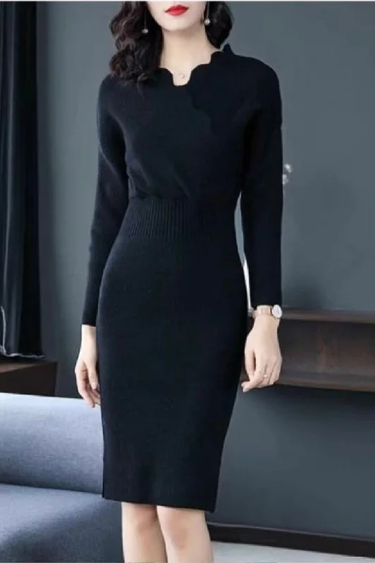 Scallop V Neck Sweater Dress