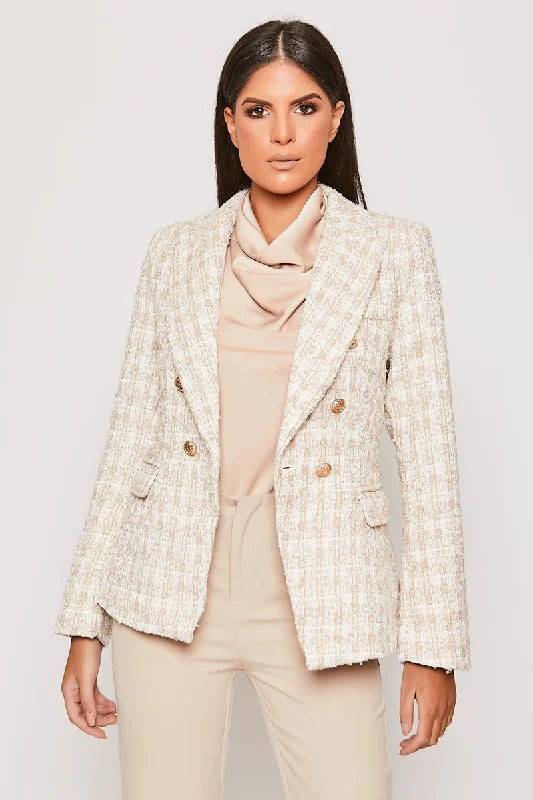 Clarisse - Nude & White Checked Knit Thread Gold Button Blazer Cozy Women's Winter
