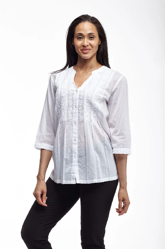 La Cera 100% Cotton Button Front Embroidered Top Modern Women's 