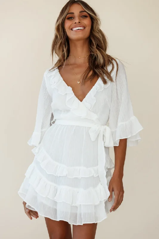 Time Will Tell Angel Sleeve Frill Detail Dress White Preppy Women's College