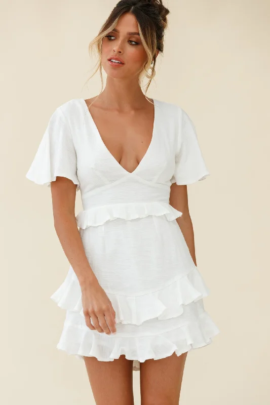 Queenie Angel Sleeve Ruffle Trim Dress White Business