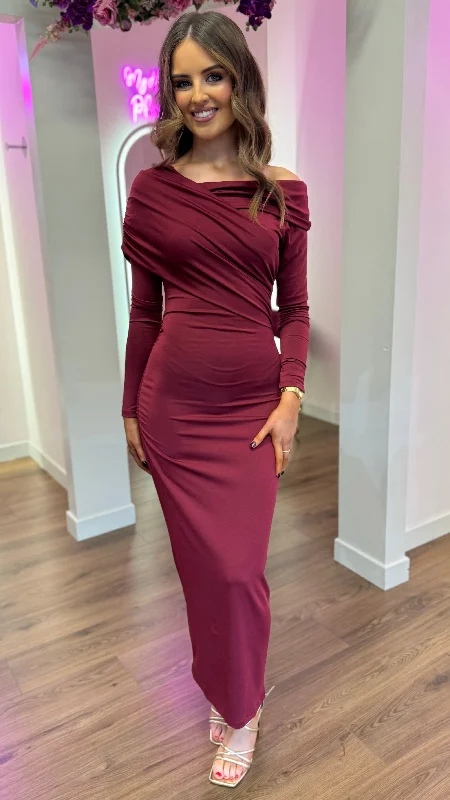 Sheridan Burgundy Off Shoulder Wrap Effect Midi Dress