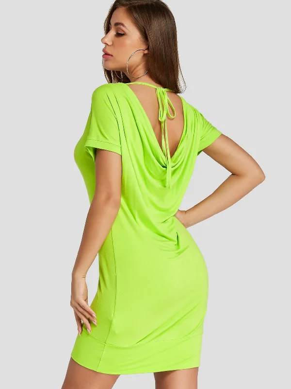 Wholesale Neon Green Roll Neck Short Sleeve Self-Tie Bodycon Mini Dress Refined Women's Velvet