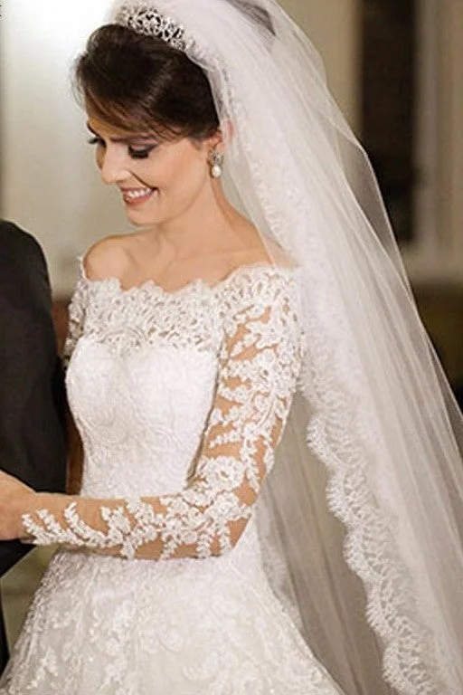 Off-the-shoulder Lace Wedding Dresses with Long Sleeves Cozy Women's Sherpa - lined