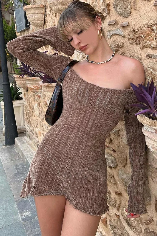 TastyHottie - Brown Off Shoulder Mini Dress Monochromatic All - in - one