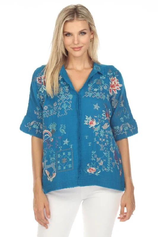 Johnny Was Biya Wodeleah Embroidered Short Sleeve Blouse Boho Chic B10423 * Women