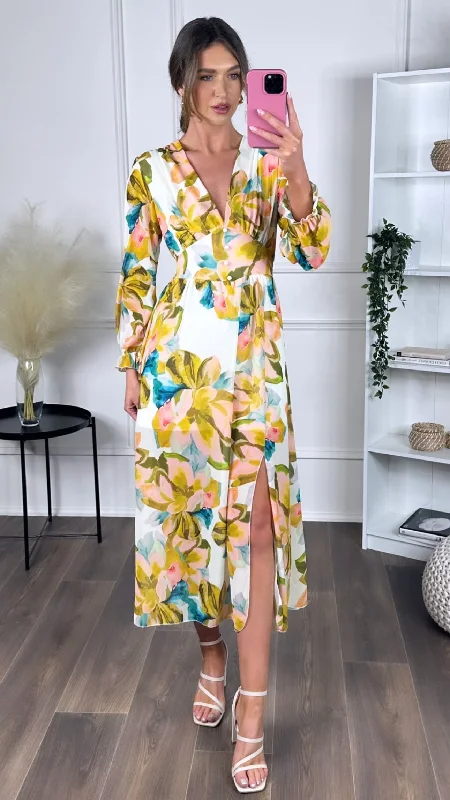 Rosa Yellow & Green Printed Midi Dress Practical Women's Quick - dry