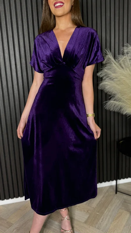 Merritt Purple V Neckline Velvet Finish Midi Dress