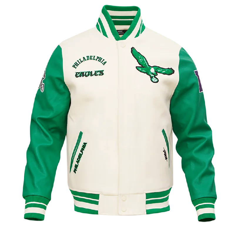 NFL PHILADELPHIA EAGLES RETRO CLASSIC MEN'S RIB WOOL VARSITY JACKET (EGGSHELL/ KELLY GREEN) Athletic Women's High - 