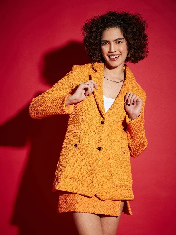 Women Orange Tweed Notch Collar Blazer Cashmere