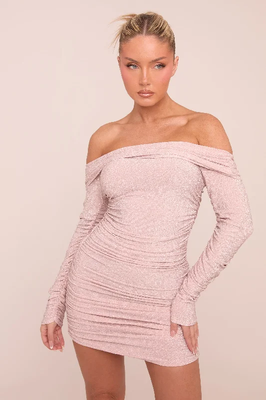 Pink Lurex Bardot Ruched Bodycon Mini Dress - Vivian