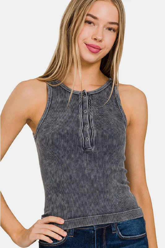 Zenana Washed Ribbed Half Snap Seamless Tank Modern Women's 
