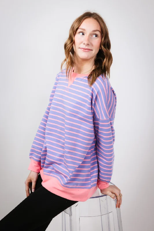 Striped Relaxed French Terry Sweatshirt for Women in Purple/Pink | IT2880S-03-PURPLEPINK Monochromatic Office Style Striped Relaxed French Terry Sweatshirt for Women in Purple/Pink | IT2880S-03-PURPLEPINK Monochromatic Office Style