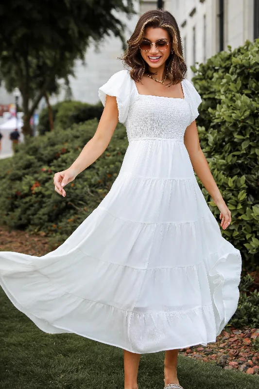 Sunny Persuasion White Tiered Maxi Dress Laid - back Women's Vibe
