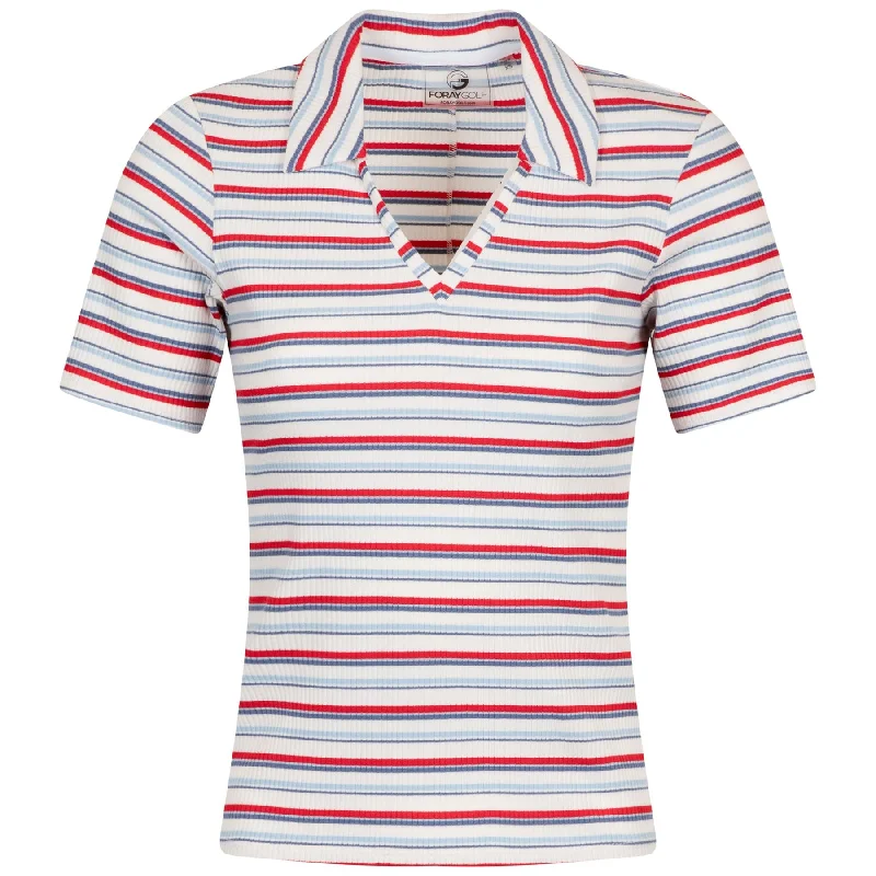 Womens V-Neck Multi Stripe Rib Polo Red/White/Blue - SS25 Feminine Women's Style 
