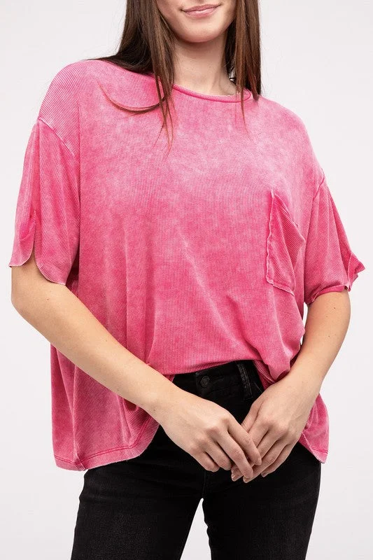 Washed Ribbed Cuffed Short Sleeve Round Neck Top Practical Women's Quick - dry