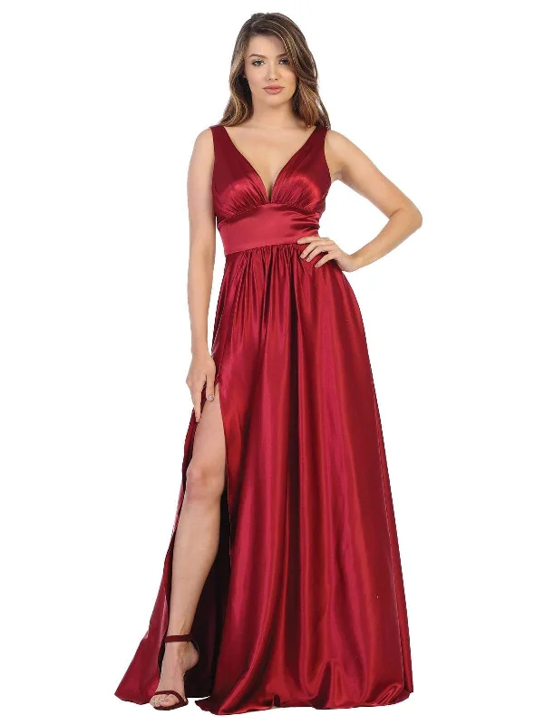 May Queen - MQ1723 Plunging V-Neck Empire High Slit Dress Cashmere