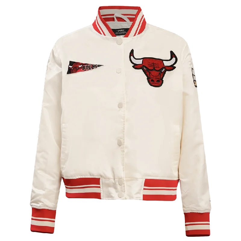 NBA CHICAGO BULLS RETRO CLASSIC WOMEN'S RIB SATIN JACKET (EGGSHELL/ RED) Traditional Women's NBA CHICAGO BULLS RETRO CLASSIC WOMEN'S RIB SATIN JACKET (EGGSHELL/ RED) Traditional Women's