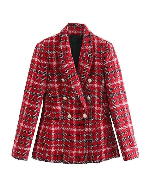 Red Plaid Tweed Blazer Hip Women's Retro