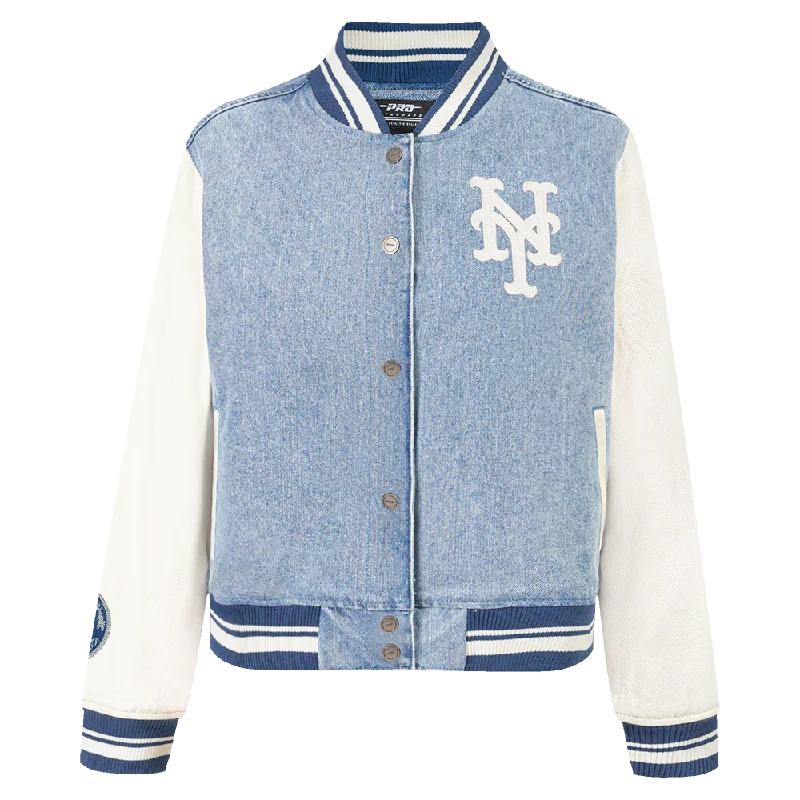 MLB NEW YORK METS VARSITY BLUES WOMEN'S DENIM VARSITY JACKET (DENIM/LINEN) performance MLB NEW YORK METS VARSITY BLUES WOMEN'S DENIM VARSITY JACKET (DENIM/LINEN) performance