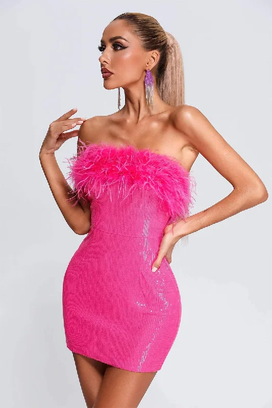 Kate Hot Pink Sequin Strapless Mini Dress Monochromatic Office Style