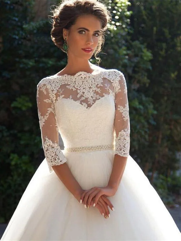 Gorgeous Half Sleeves Covered Button Ball Gown Wedding dresses