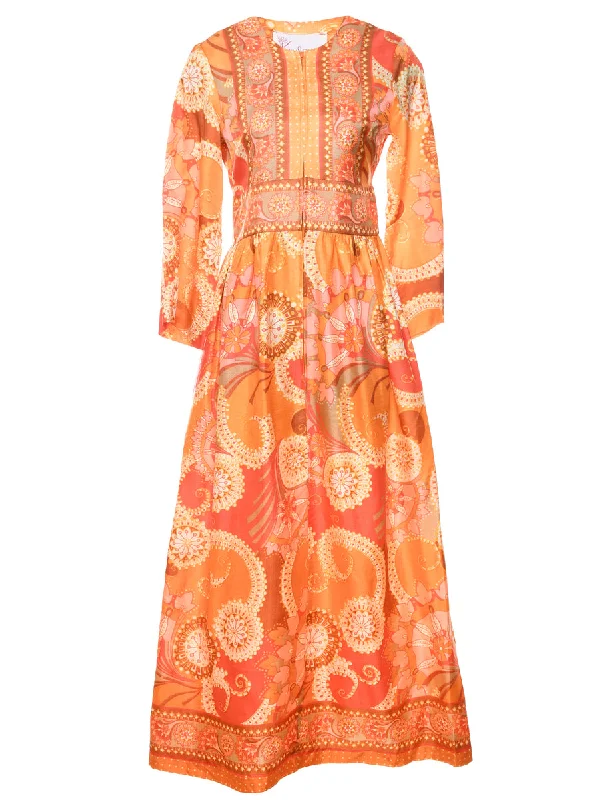 1970s Floral & Paisley Print Orange & Red Maxi Dress - S