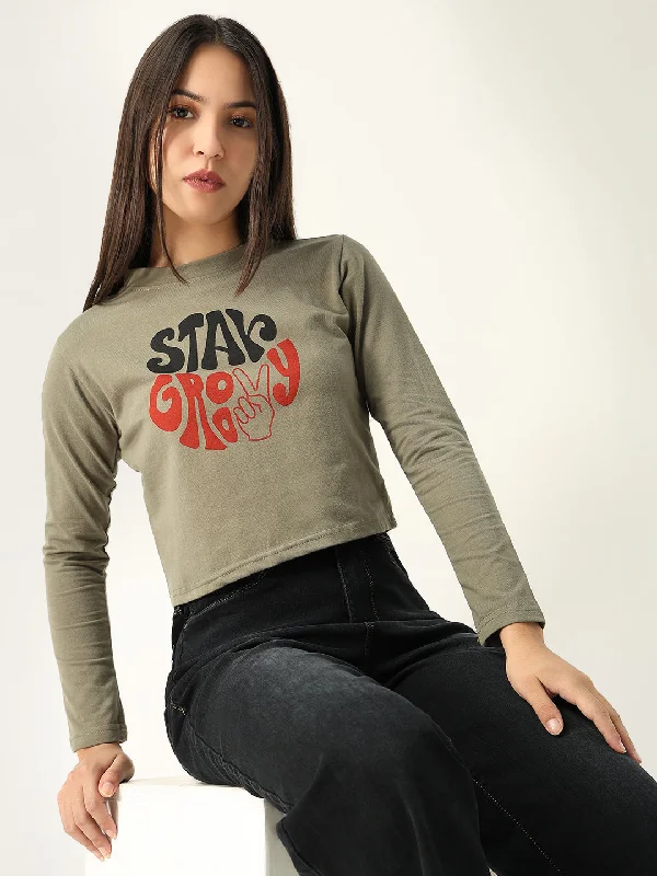 Women Graphic Olive Crop T Shirt Hip Women's Retro