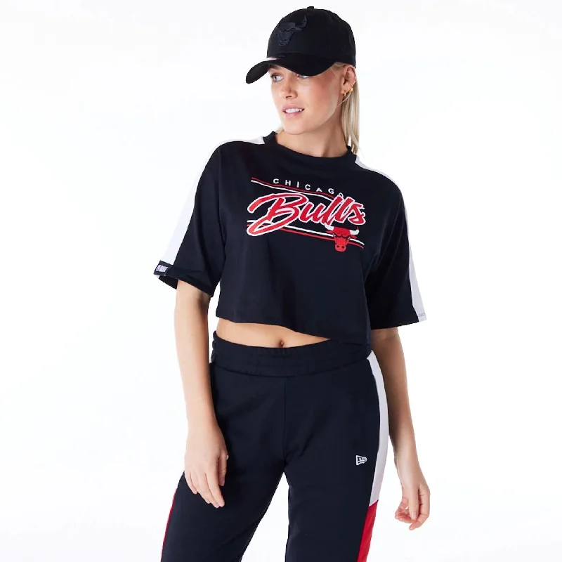Chicago Bulls Womens NBA Colour Block Black Crop T-Shirt Rugged Women's Outdoor 