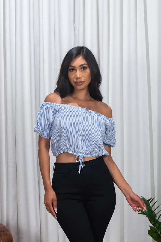 'Dukes of Hazard' Pin Striped Off Shoulder Short Puff Sleeve Crop Top with Faux Button Down Drawstring Waist in White & Blue* (185676)