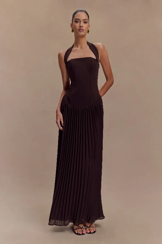 Stacie Pleated Halter Maxi Dress - Cacao Traditional Women's 