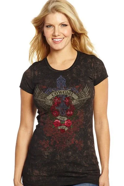 Cowgirl Up Womens Vintage Black 100% Cotton For Life V-Neck T-shirt S/S purpose
