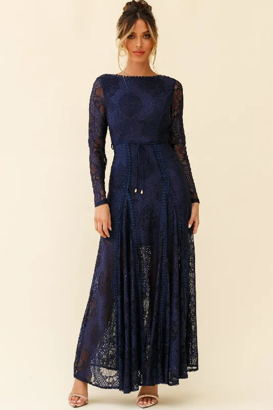 Palm Springs Long Sleeve Lace Overlay Maxi Dress Navy Feminine Women's Soft 
