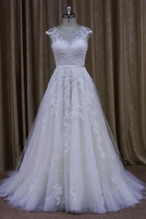 Classic A-line Appliques Tulle Wedding Dress Cap Sleeves Adventure