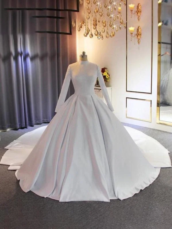 Elegant High Neckline Satin Wedding Dresses with Long Train