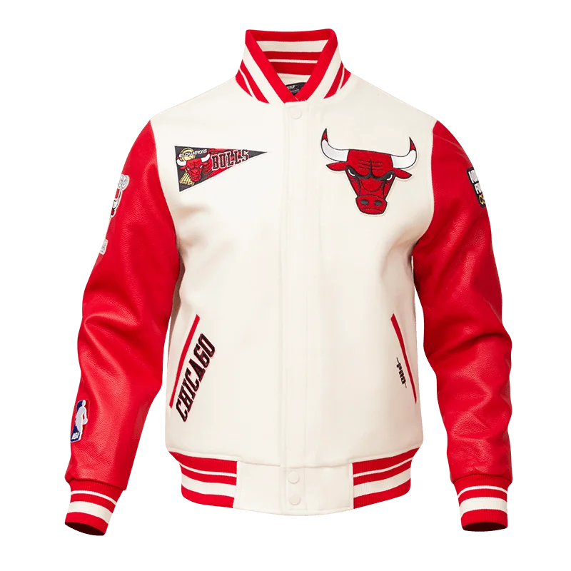 NBA CHICAGO BULLS RETRO CLASSIC MEN'S RIB WOOL VARSITY JACKET (EGGSHELL/RED) Australian Beach NBA CHICAGO BULLS RETRO CLASSIC MEN'S RIB WOOL VARSITY JACKET (EGGSHELL/RED) Australian Beach