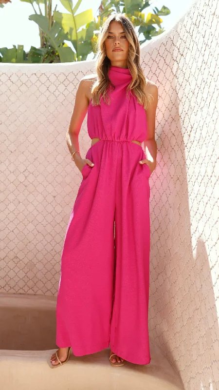 Lara Halter Neck Wide Leg Jumpsuit - Pink Stylish Women's Neon