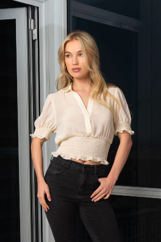 Button Down Short Sleeve Collar Cut Crop Top With Elastic on Waist and Sleeve (10149TY)