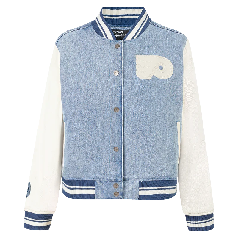 NHL PHILADELPHIA FLYERS VARSITY BLUES WOMEN'S DENIM VARSITY JACKET (DENIM/LINEN) Sustainable Organic
